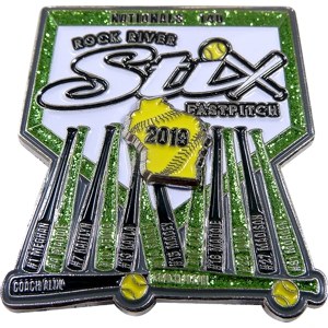 custom softball pin with glitter and named bats