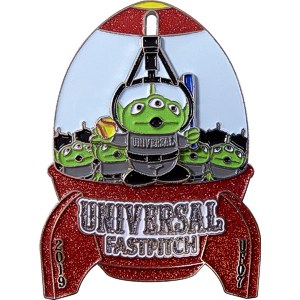custom softball pin with glitter rocket and aliens